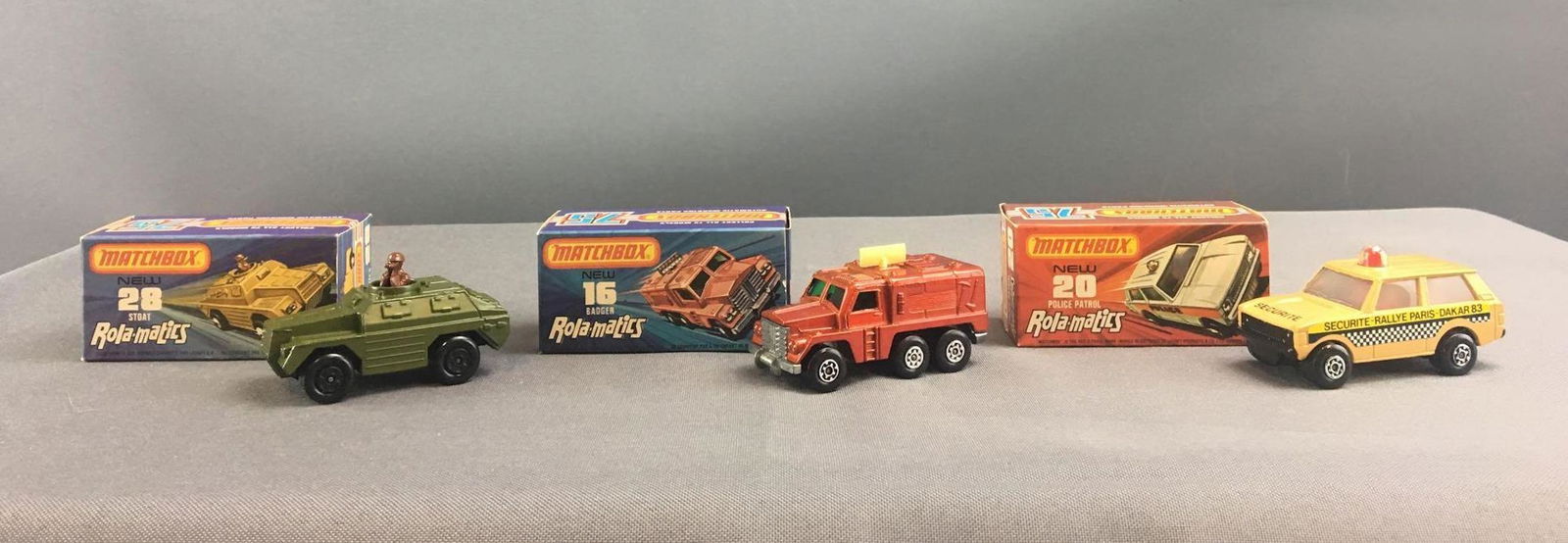 Group of 3 Matchbox Rolamatics No. 16, 20 and 28: By Lesney, includes stoat, badger and police patrol vehicles