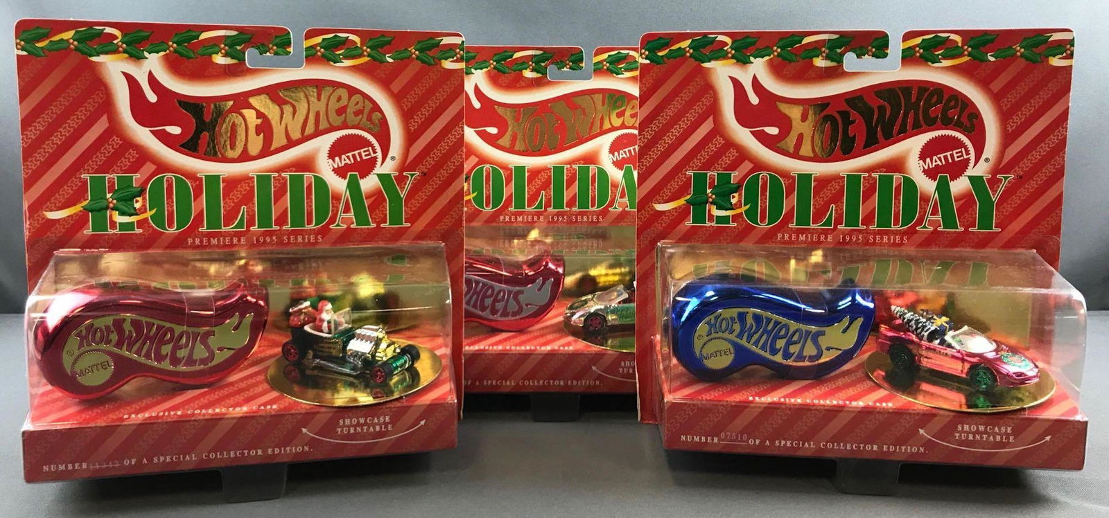 Group of 3 Hot Wheels Holiday Series die cast cars in: 1995 Mattel, numbered special collector edition