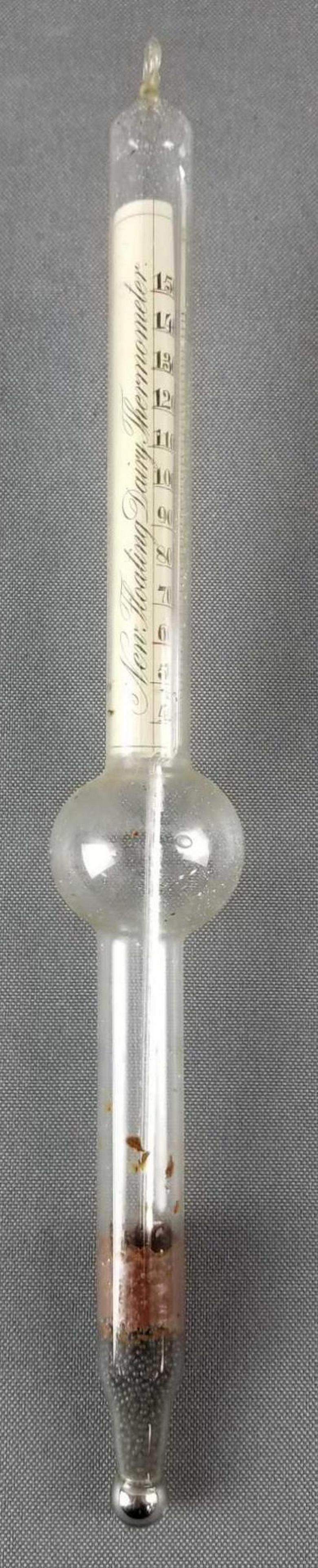 Vintage floating glass dairy thermometer: 10.5 inches long