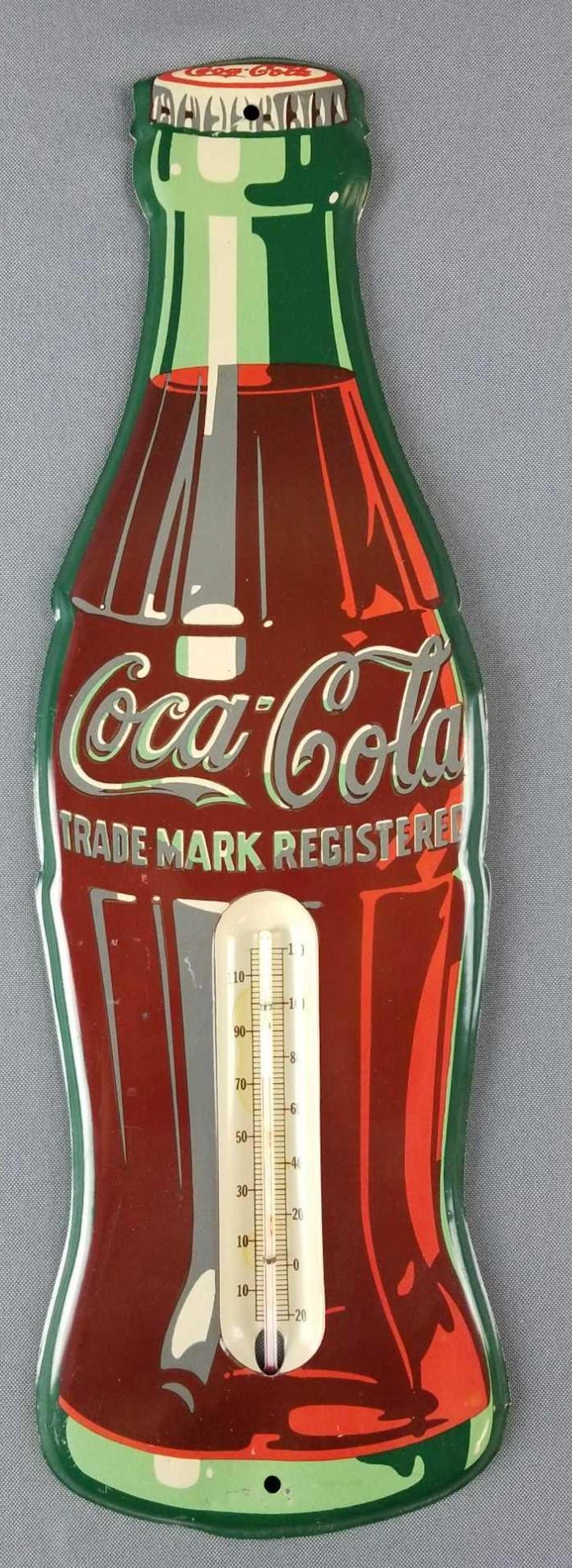 Coca-Cola metal thermometer: Some wear consistent with use. 5.25 x 17 inches