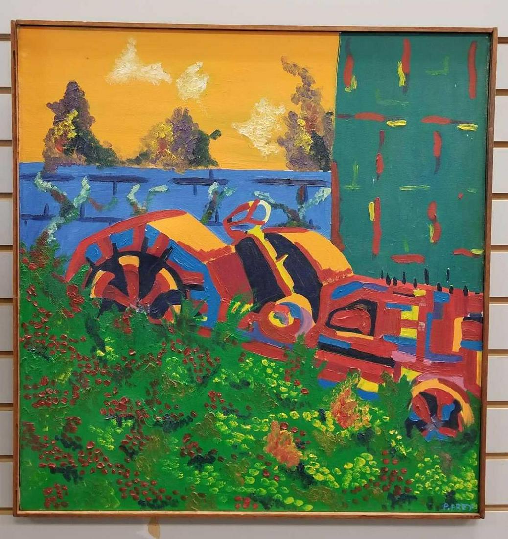 Tractor painting oil on canvas: Signed P Frey. 26.5 x 27.5 inches