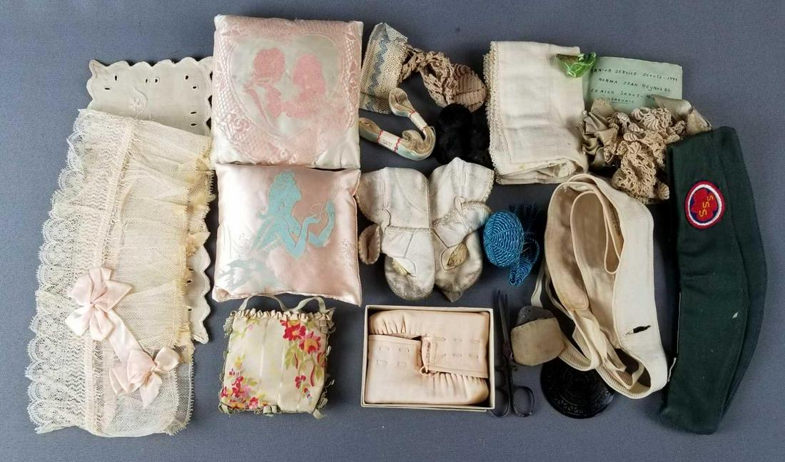 Group of vintage baby booties, girl scout and sewing: Buttons, ribbon