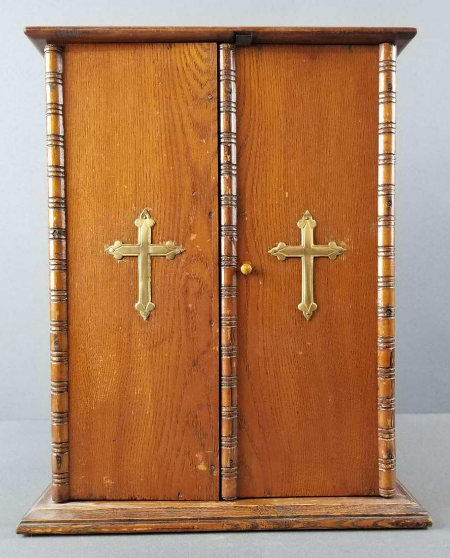 Antique Catholic sacrament, last rites, sick call box: Includes communion plates, cup with handle, parts of a holy water fount. Some pieces are marked silver plate. Sick call outfit. Box measures 12 x 15 x 7 inches.