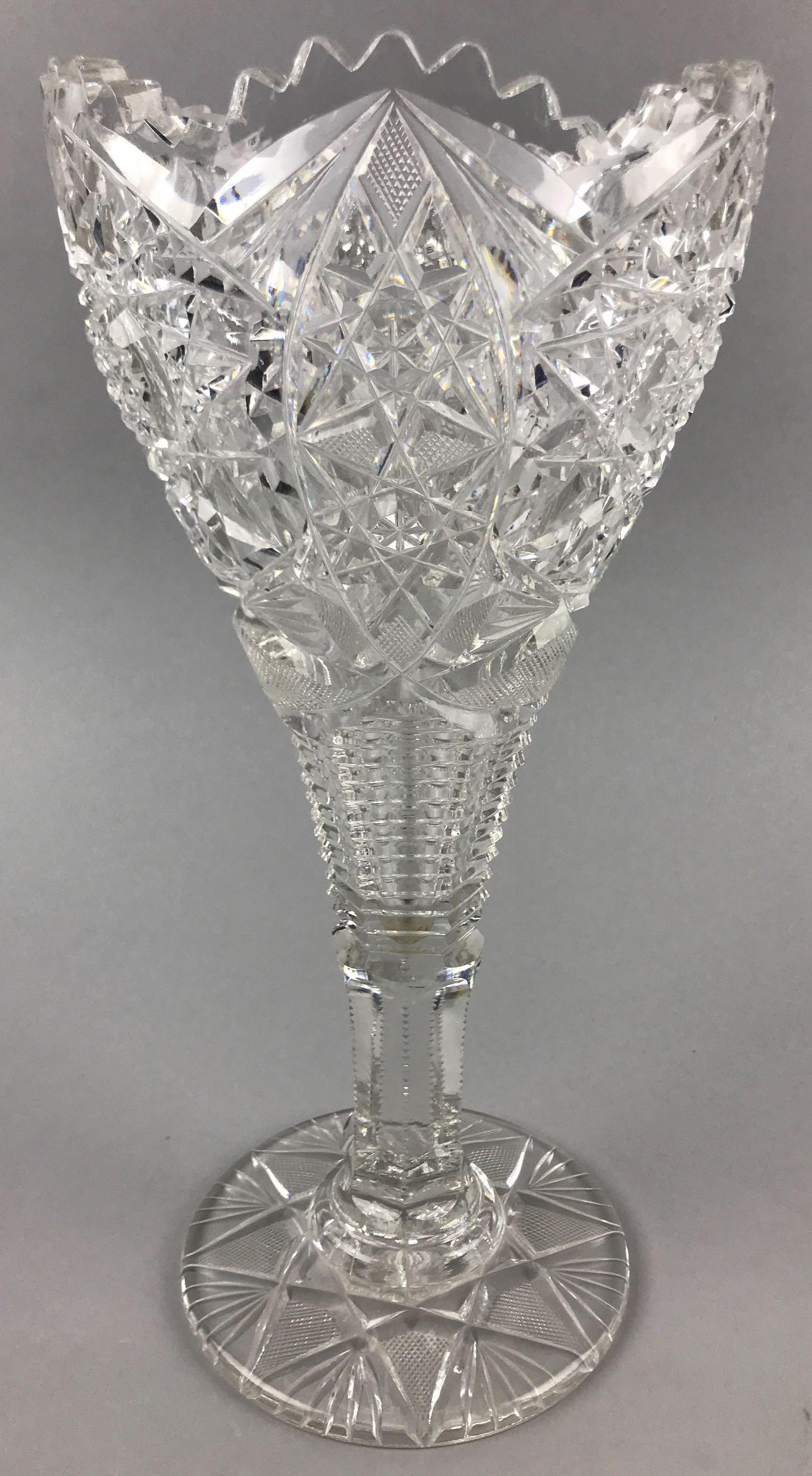 American Brilliant Period Stemmed Flared Cut Glass Vase: 11 3/4 inches tall. Hobstar and crosshatch pattern; minor chips and wear consistent with age and use