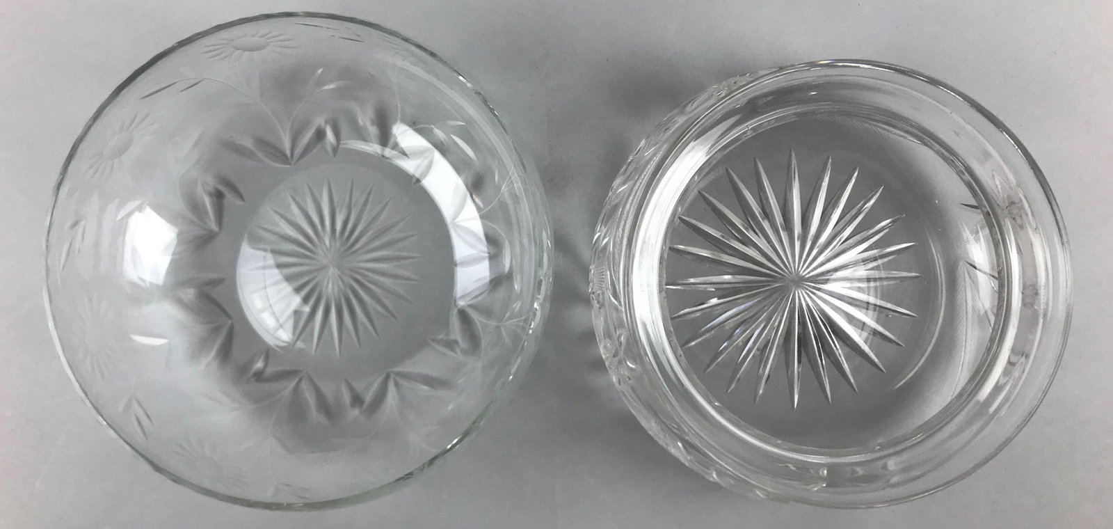 Lot of 2 : American Brilliant Period Cut Glass Floral: Larger bowl has an 8 inch diameter. Thistle and daisy patterns; slightest base wear and a few imperfections in glass