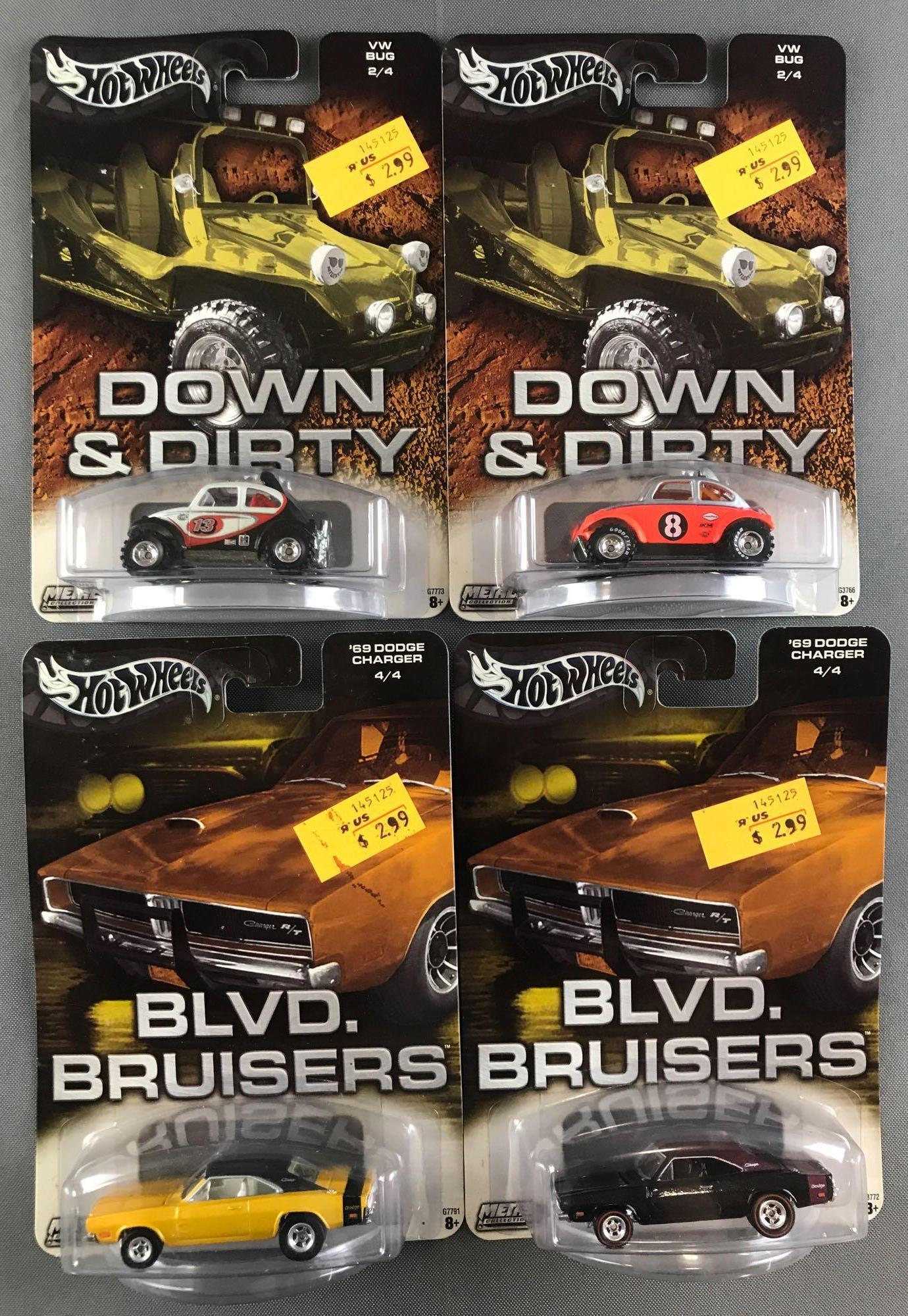 Group of 4 Hot Wheels die-cast vehicles in original: Includes (2) Down & Dirty: VW Bug and (2) Blvd. Bruisers 69 Dodge Charger. Slight warping to Blvd. Bruisers packaging