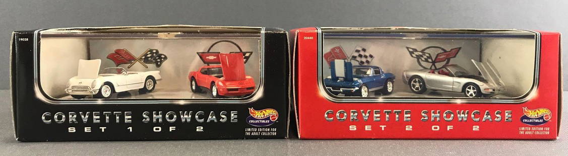 Group of 2 Hot Wheels Collectibles die-cast vehicle: Includes Corvette Showcase Sets 1 and 2 of 2. Packaging measures 6.25x3.75x2.5 inches