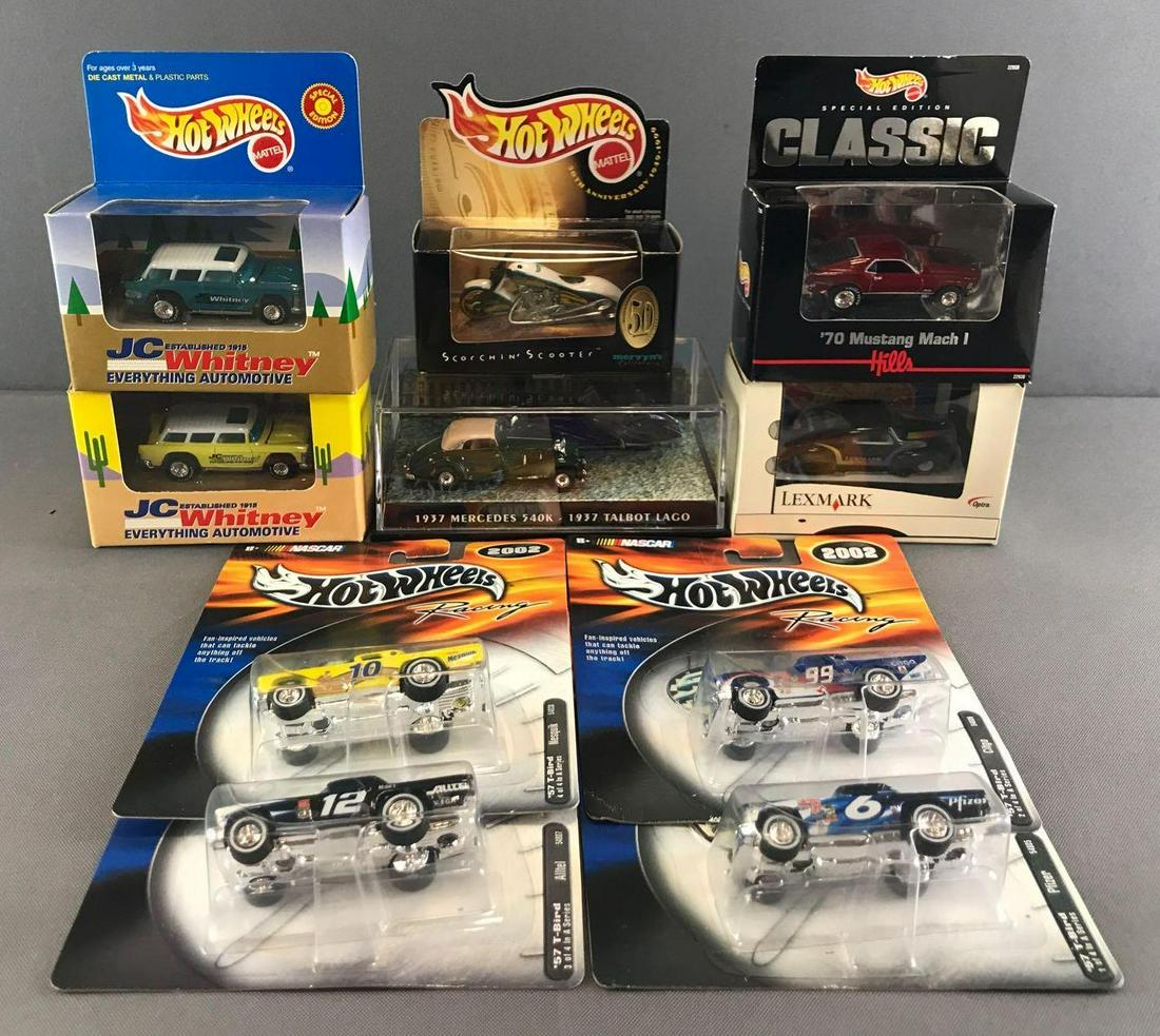 Group of 10 assorted Hot Wheels die-cast vehicles in: Includes Mervyns California Scorchin Scooter, Hills 70 Mustang Mach 1, Nesquick 57 T-Bird, and more