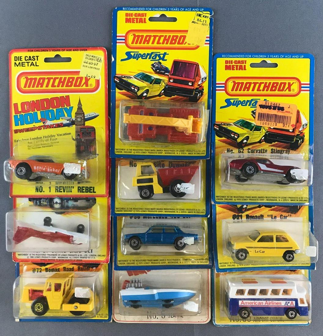 Group of 10 assorted Matchbox die-cast vehicles: New in original packaging. Includes No. 5 Seafire, No. 65 Airport Coach, No. 1 Revin Rebel, and more. A Lesney Product. Made in England