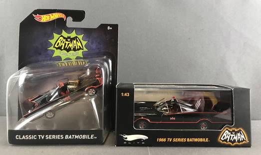 Group of 2 Hot Wheels Batmobile die-cast vehicles: Classic 1966 TV Series Batmobile. New in original packaging, 1/43 scale