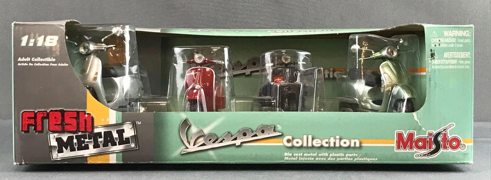 Maisto Vespa die-cast set of cycles: 1:18 scale, new old stock, contains four Vespas including a military one.