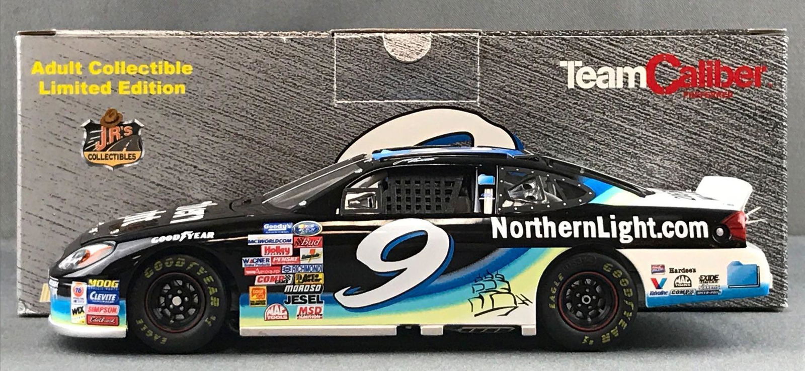 Team Caliber Jeff Burton Northern Lights die-cast: 1:24 scale, NASCAR stock car, 2000 Ford Taurus, limited edition, maximum production 10008 pieces. Car in like new condition, packaging has some shelf wear.