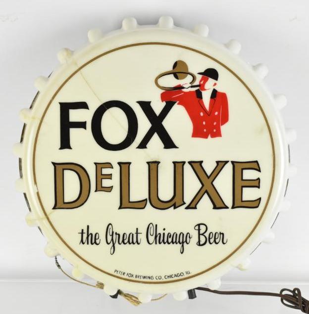 Vintage Fox Deluxe Beer Light Up Advertising Bottle Cap: The Great Chicago Beer, Working Condition, Cracks in face, 16 inches round