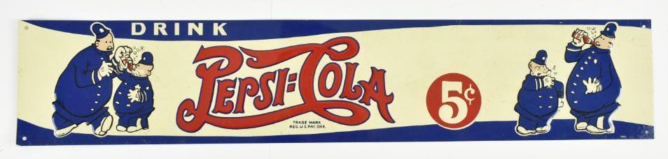 Reproduction Pepsi Cola Advertising Embossed Tin Tacker: Reproduction, Featuring Pig Police, 22 x 4 1/4 inches