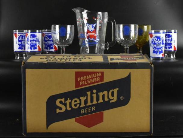 Group of 9 Advertising Beer Glasses with Sterling Beer: Includes Bud Light Spuds McKenzie Pitcher and PBR. Boxed Measures 16 1/2 x 10 1/2 x 9 1/2 inches