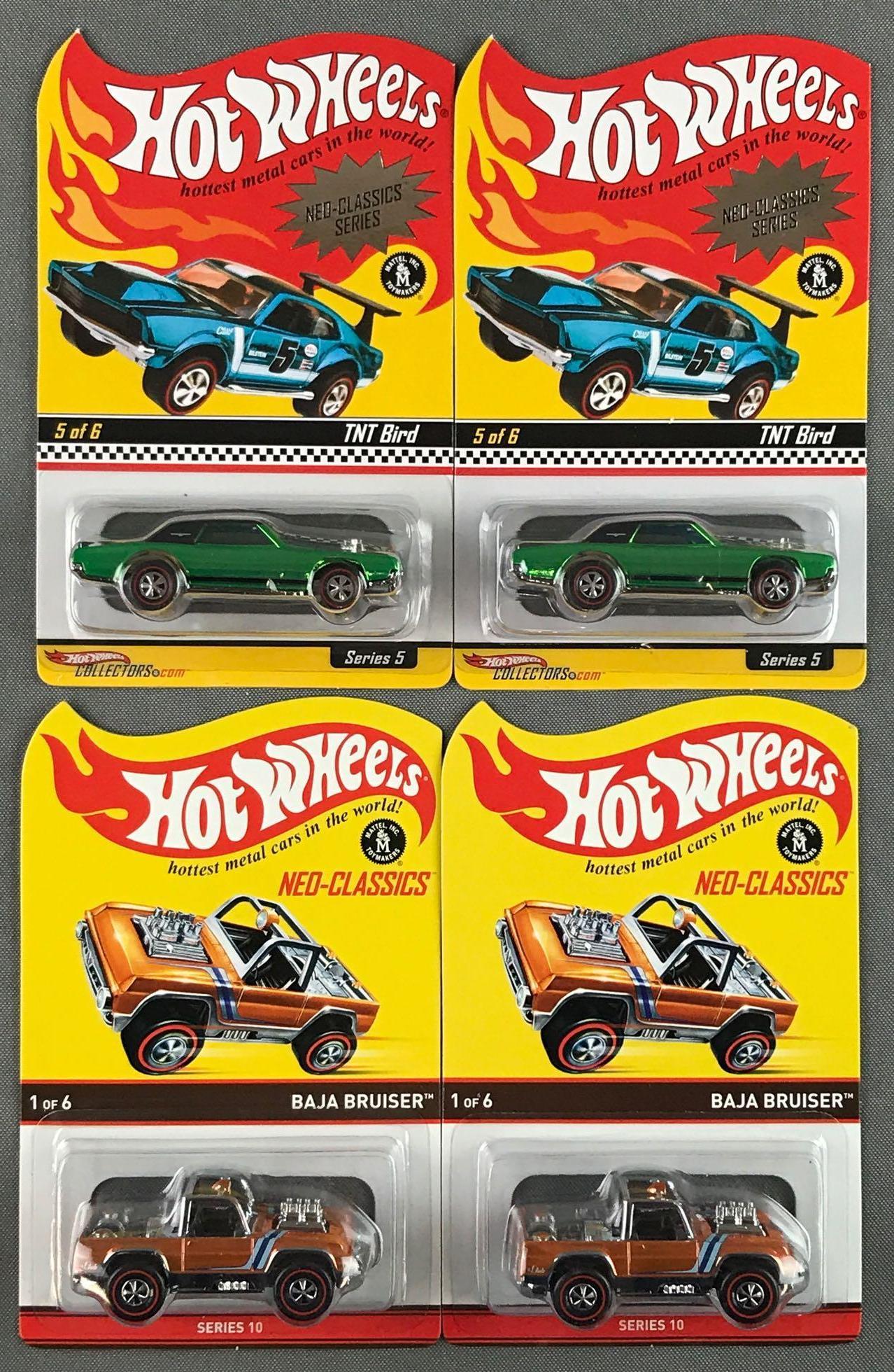 Group of 4 Hot Wheels Neo-Classics Series 10 cars: Includes TNT Bird limited edition 08920/11000 and 06738/11000 and Baja Bruiser limited edition 00361/04000 and 00844/04000. Die-cast, MIB.