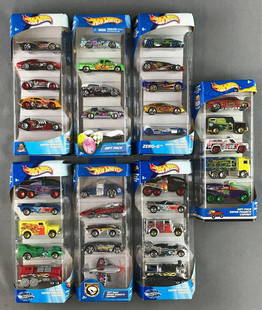 Group of 7 Hot Wheels Gift Packs: Includes Chrome Burnerz, Zero-G, Hot Haulers, and more die-cast, MIB.