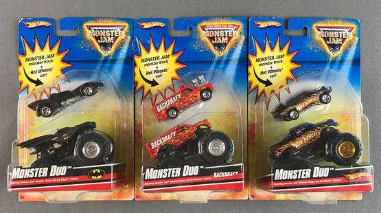 Group of 3 Hot Wheels Monster Duo: Includes Batman, Backdraft and Hit Wheels die-cast, MIB.