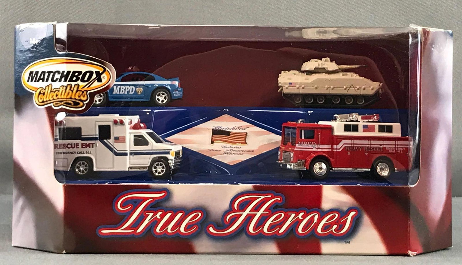 Matchbox Collectibles Tue Heroes: Includes Police cruiser, EMT Ambulance, Fire Department Truck and Military Tank die-cast, MIB