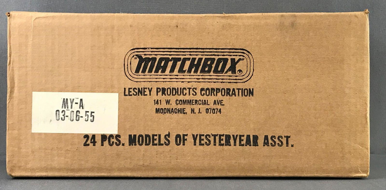 Shipping box of Matchbox Models of Yesteryear: includes 1927 Talbot, 1937 Mercedes-Benz 540K, 1912 Model T and more die-cast, all but one MIB, remainder is in like new condition. Includes order from Lesney Products Corporation.