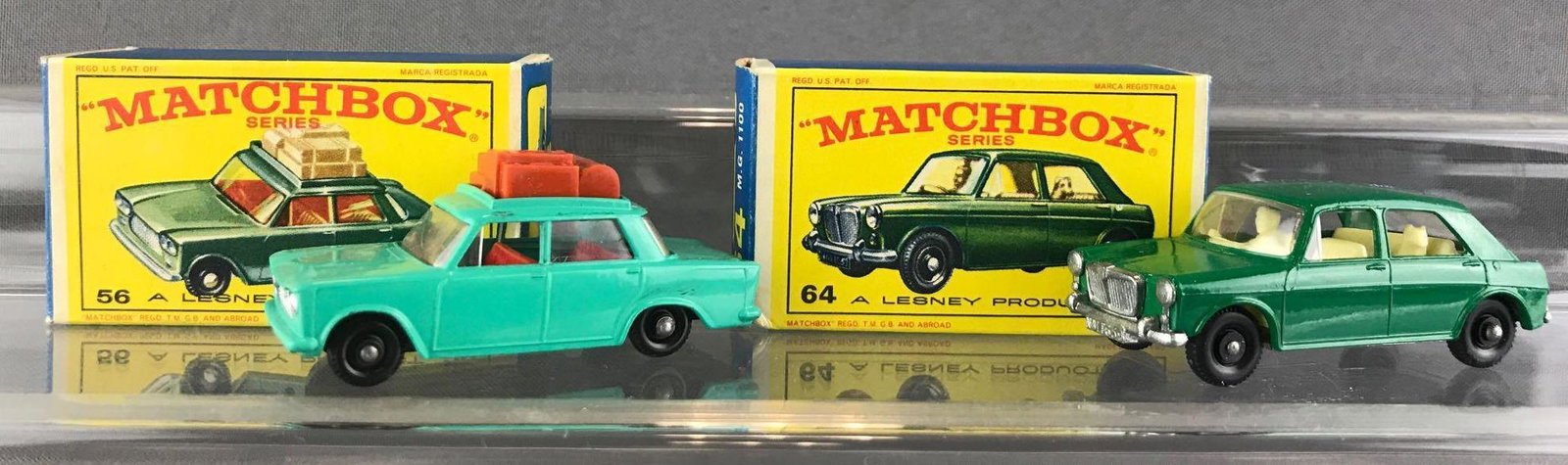 Group of 2 Matchbox die-cast vehicles with original: Includes No. 56 Fiat 1500 and No. 64 M.G. 1100. A Lesney Product. Made in England