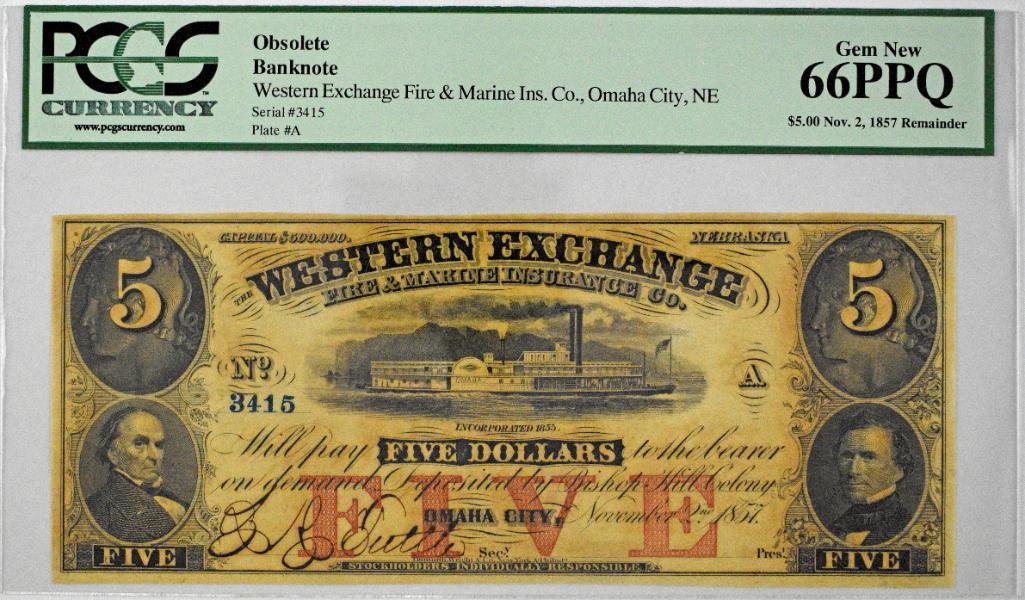 Obsolete Banknote 1857 $5 (PCGS) Gem New 66PPQ (1 of 2)