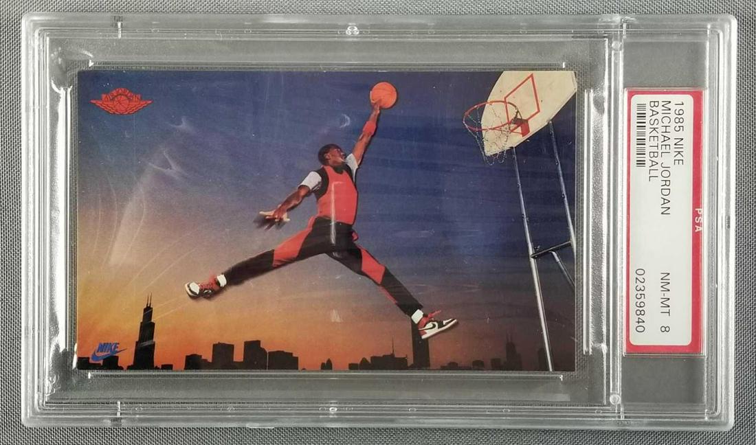 1985 Nike Promo Michael Jordan PSA 8: A high-grade '85 Nike Promo Michael Jordan rookie cards. Finally, being recognized for its rarity, popularity and beauty while representing a sound blue-chip investment piece. No collection is complet