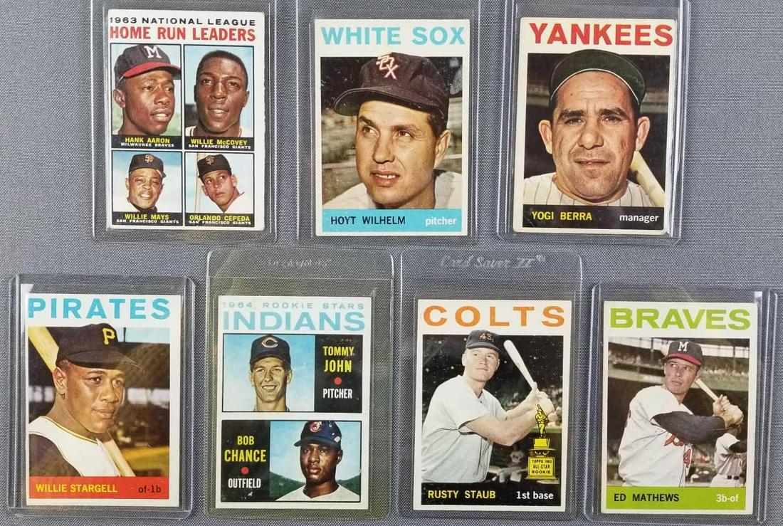 1964 Topps baseball cards: G-nmt. Berra, Aaron, Mays, Mccovey, Cepeda, Staub, Mathews, Stargell, all HOFs.