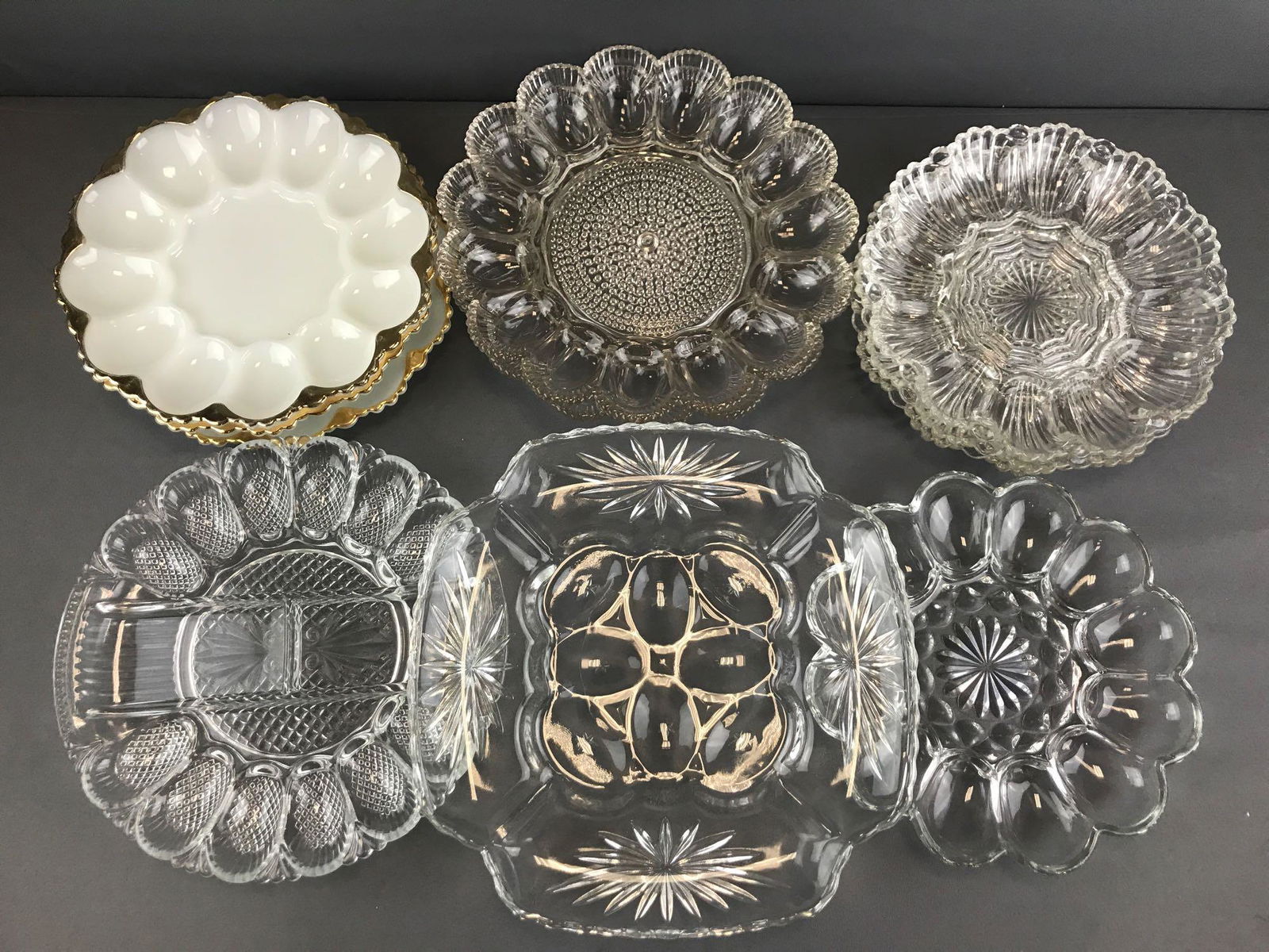 Group of 11 clear and milk glass egg plates (1 of 12)