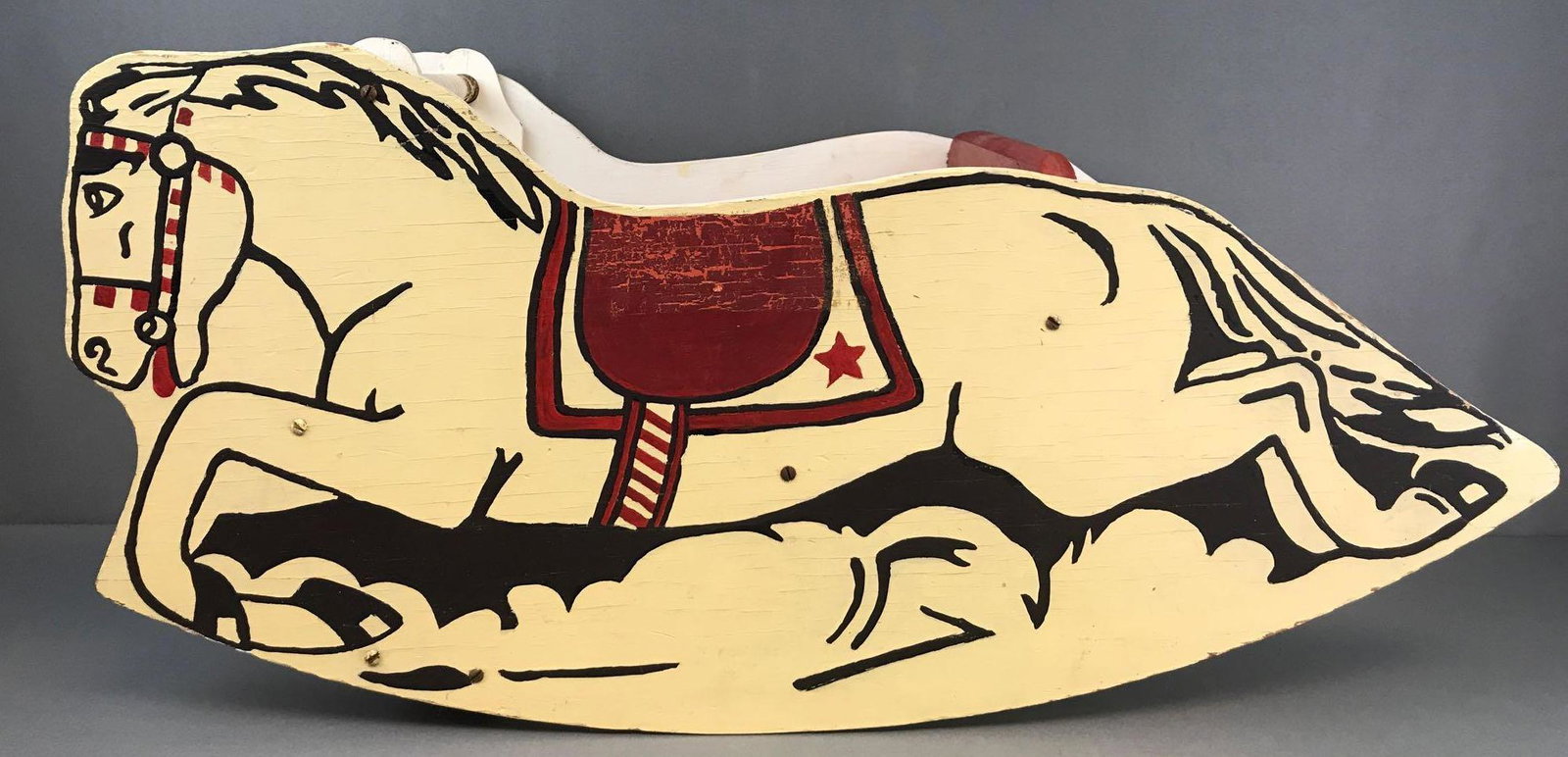 Vintage wooden rocking horse seat: 32x11.75x15 inches, painted wood. Wear consistent with age and use