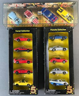 Group of 3 assorted die-cast vehicle sets: Includes (2) Maisto 5 Star Series 5-vehicle sets: Ferrari Collection and Porsche Collection, and Hot Wheels Collectibles Hot Rod Magazine 4-vehicle set in plastic display-11x3.25x2.5 inches