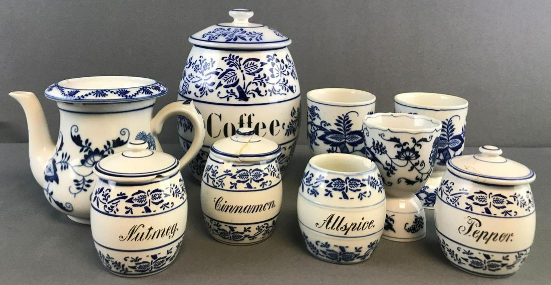 Group of 9 pieces damaged Blue Transferware: G.M.T. & Bro, TK, Blue Danube. Chips, cracks throughout. Largest is 7.75 inch Coffee canister