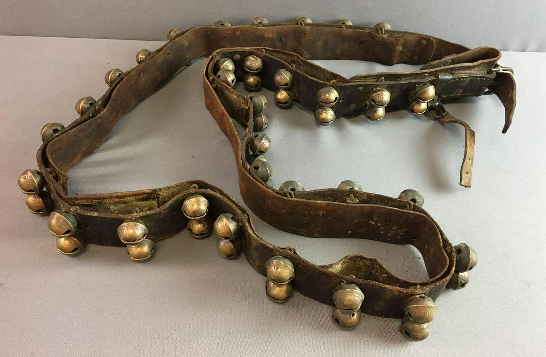 Antique Brass Sleigh Jingle Bells on Original Leather (1 of 4)