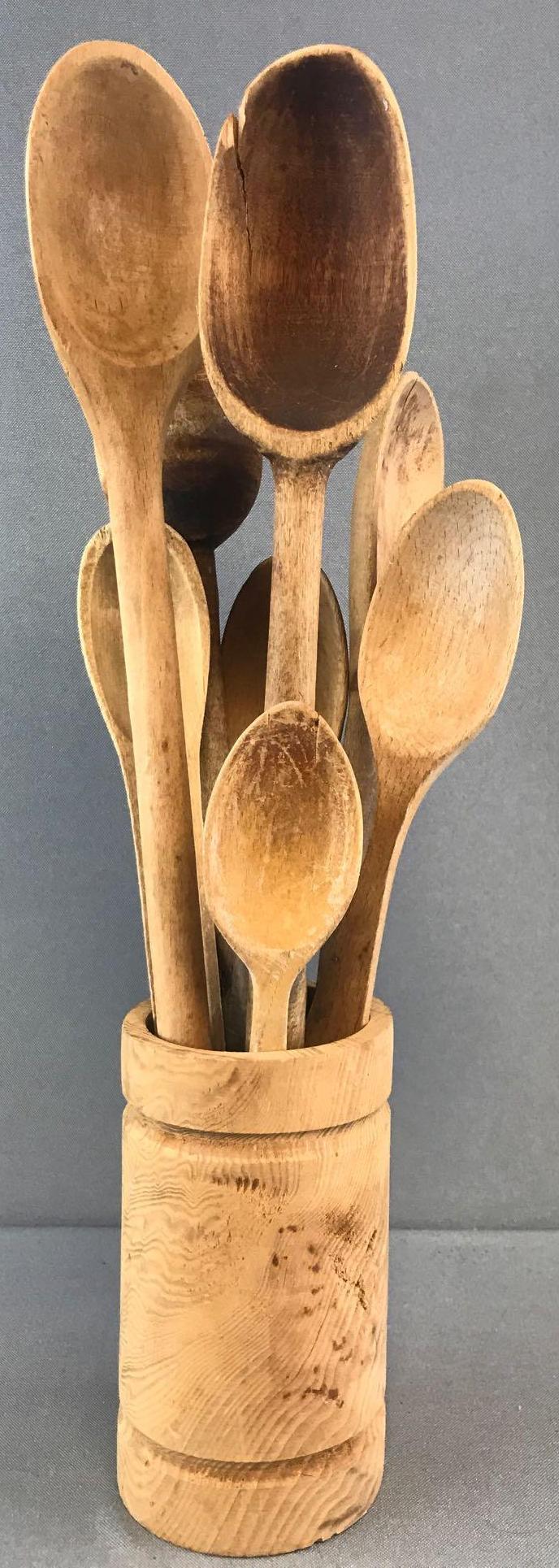 9 piece group rustic primitive wooden spoons and holder (1 of 6)