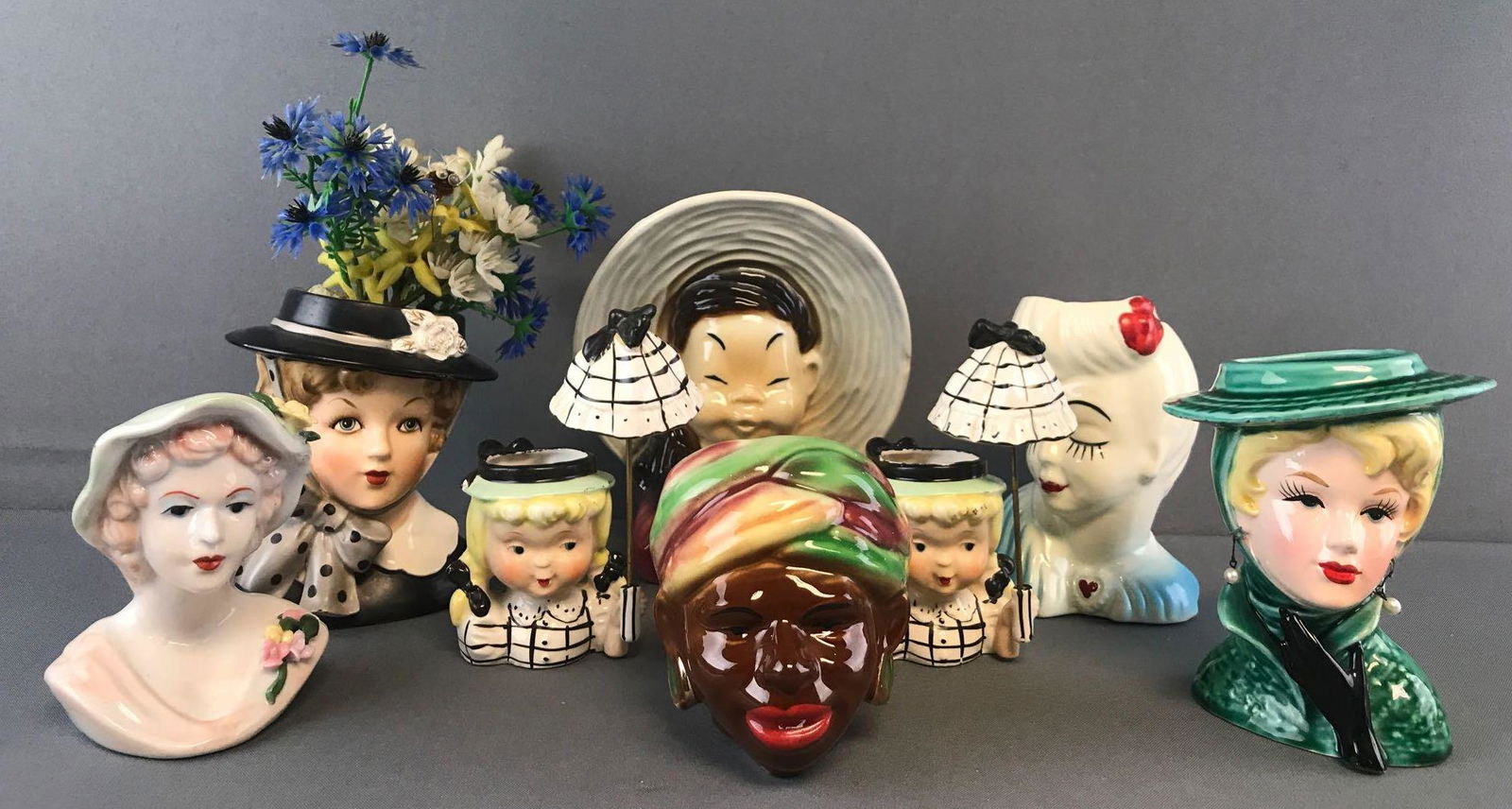 8 piece group vintage pottery Head Planters (1 of 8)