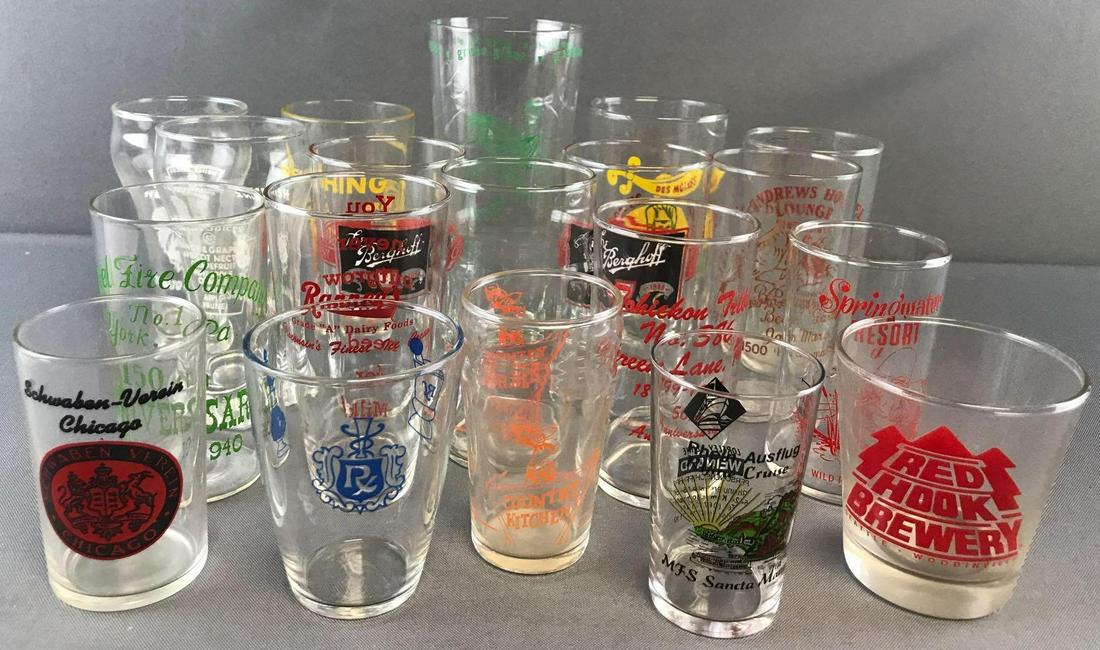 Group of 19 assorted vintage advertising drinking: Green Giant, The Berghoff, Country Kitches, and more. Largest is 6.75 inches. Wear consistent with age and use