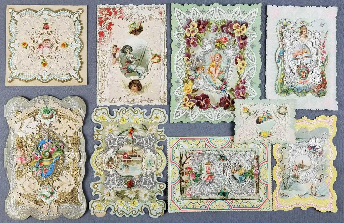Group of 9 antique die cut/lace cards: Largest 6.5 x 8.5 inches