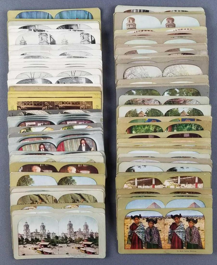 Group of 110+ stereoscope cards: Some real photo, people, landscapes, buildings