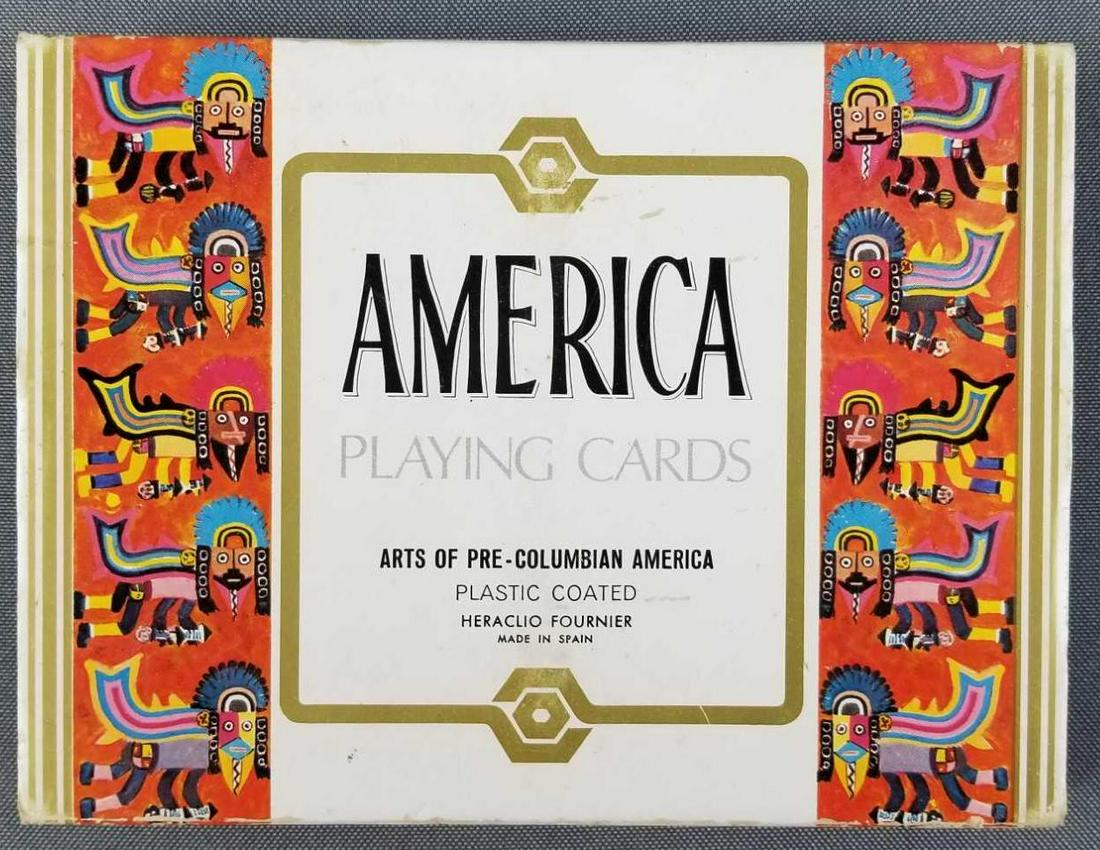 Vintage America playing cards- Pre-Columbian art: Heraclio Fournier, made in Spain. 2 decks in original box