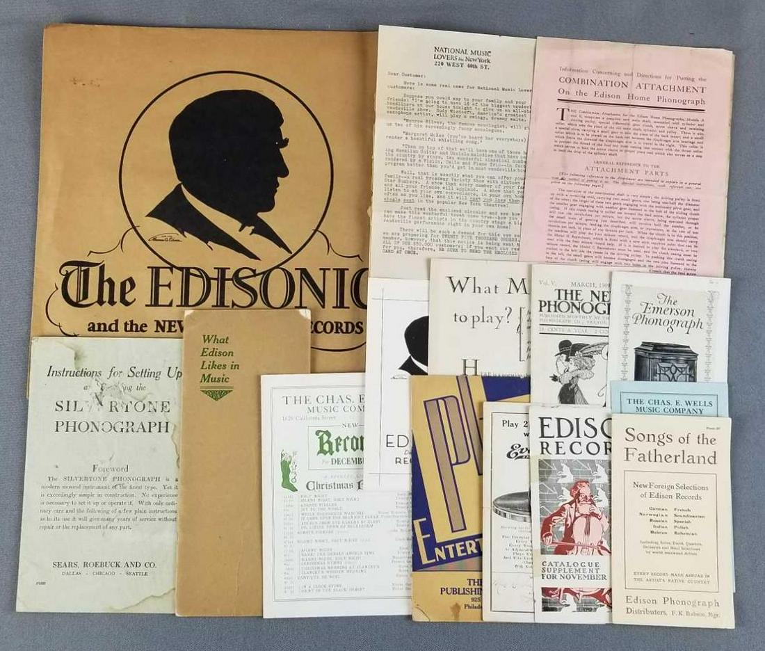 Group of vintage phonograph paperwork, booklets: Edisonic, Edison records, Emerson