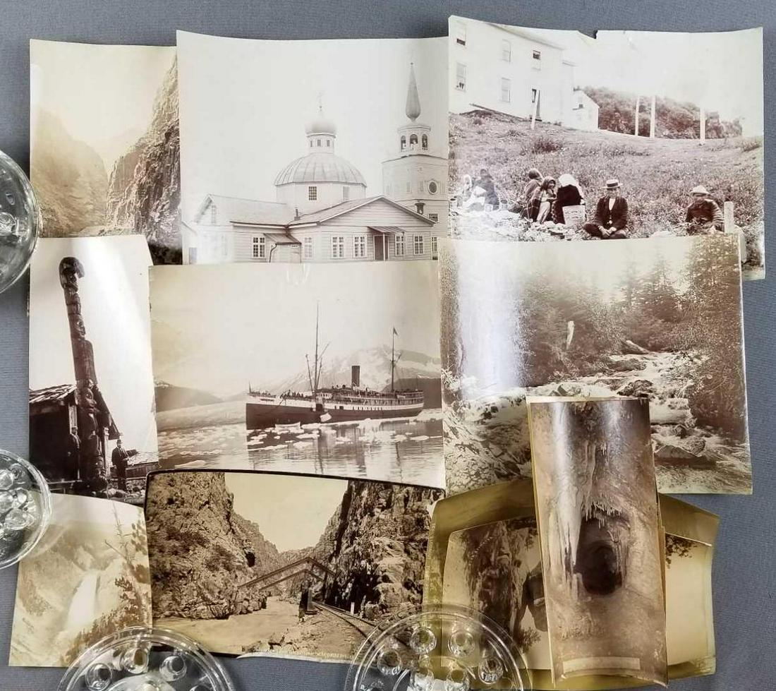 Group of antique sepia toned photographs, landscapes,: Arkansas, Alaska, South Dakota, Yellowstone and more