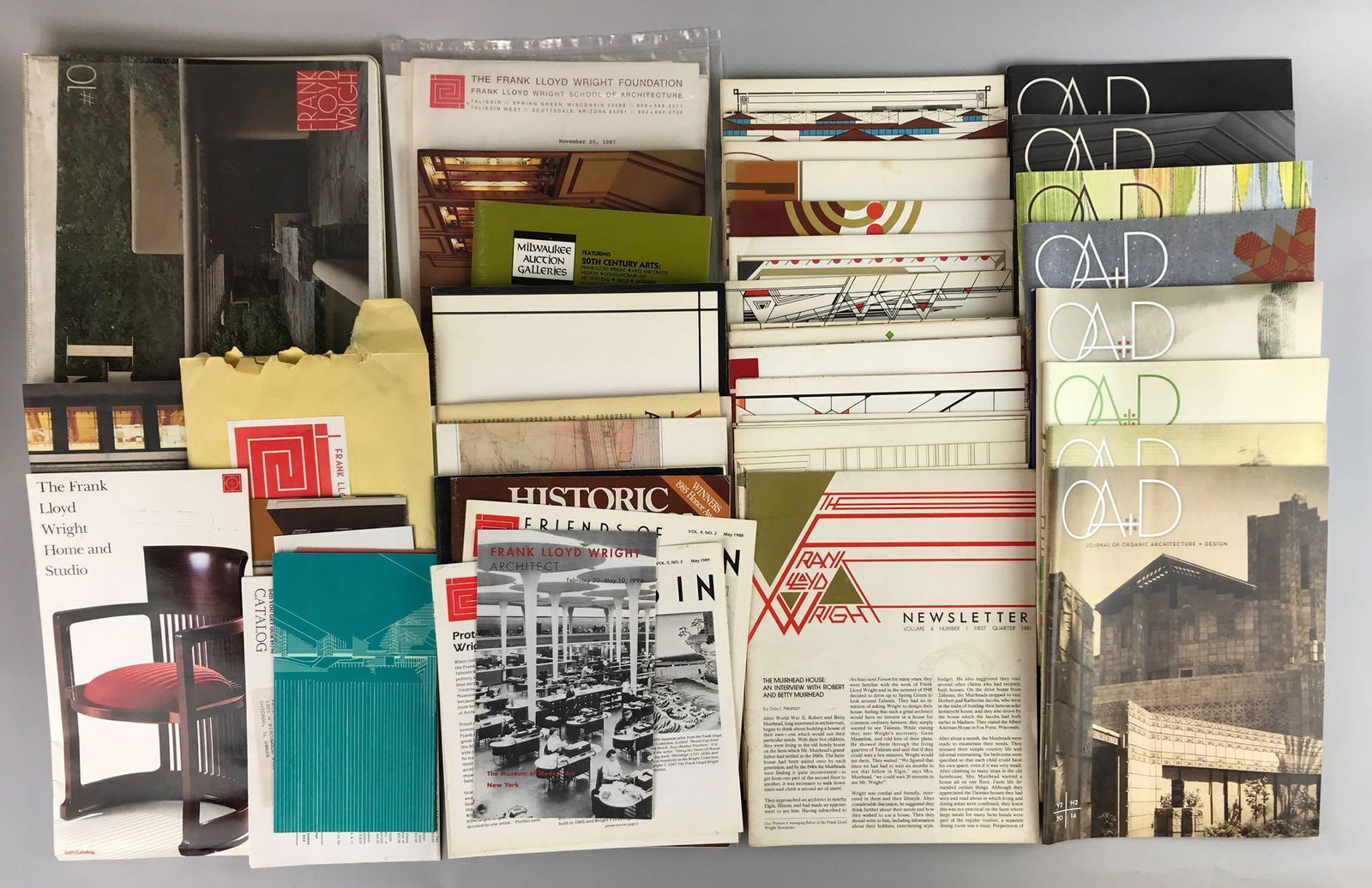 Group of approximately 50 Frank Lloyd Wright Literature: Includes Newsletters, Journal of Organic Architecture + Design, Letters from School of Architecture and more.