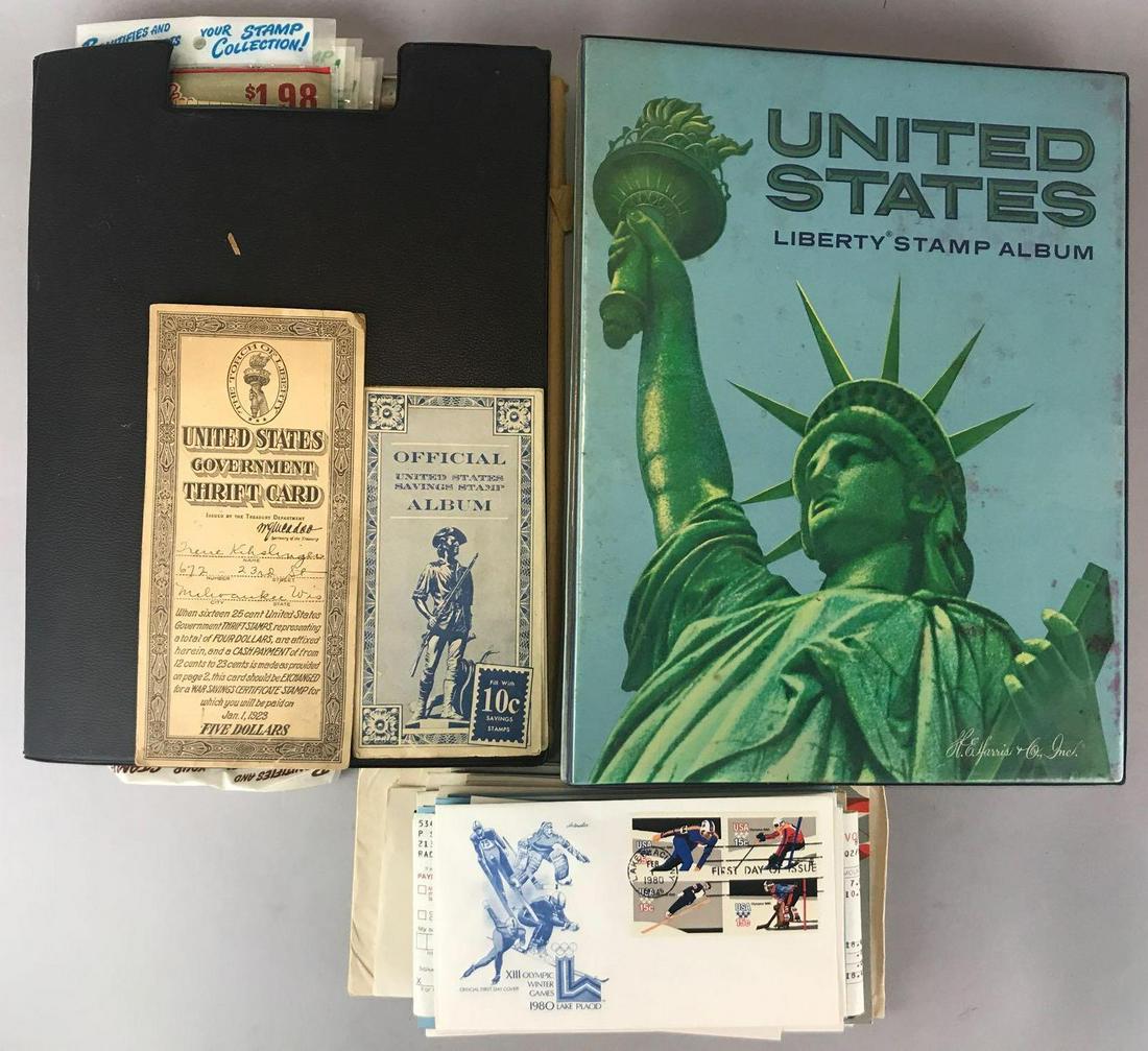 85+ pieces Stamp Collecting: United States Liberty Stamp Album, First Day Issue envelopes, mounts, and more