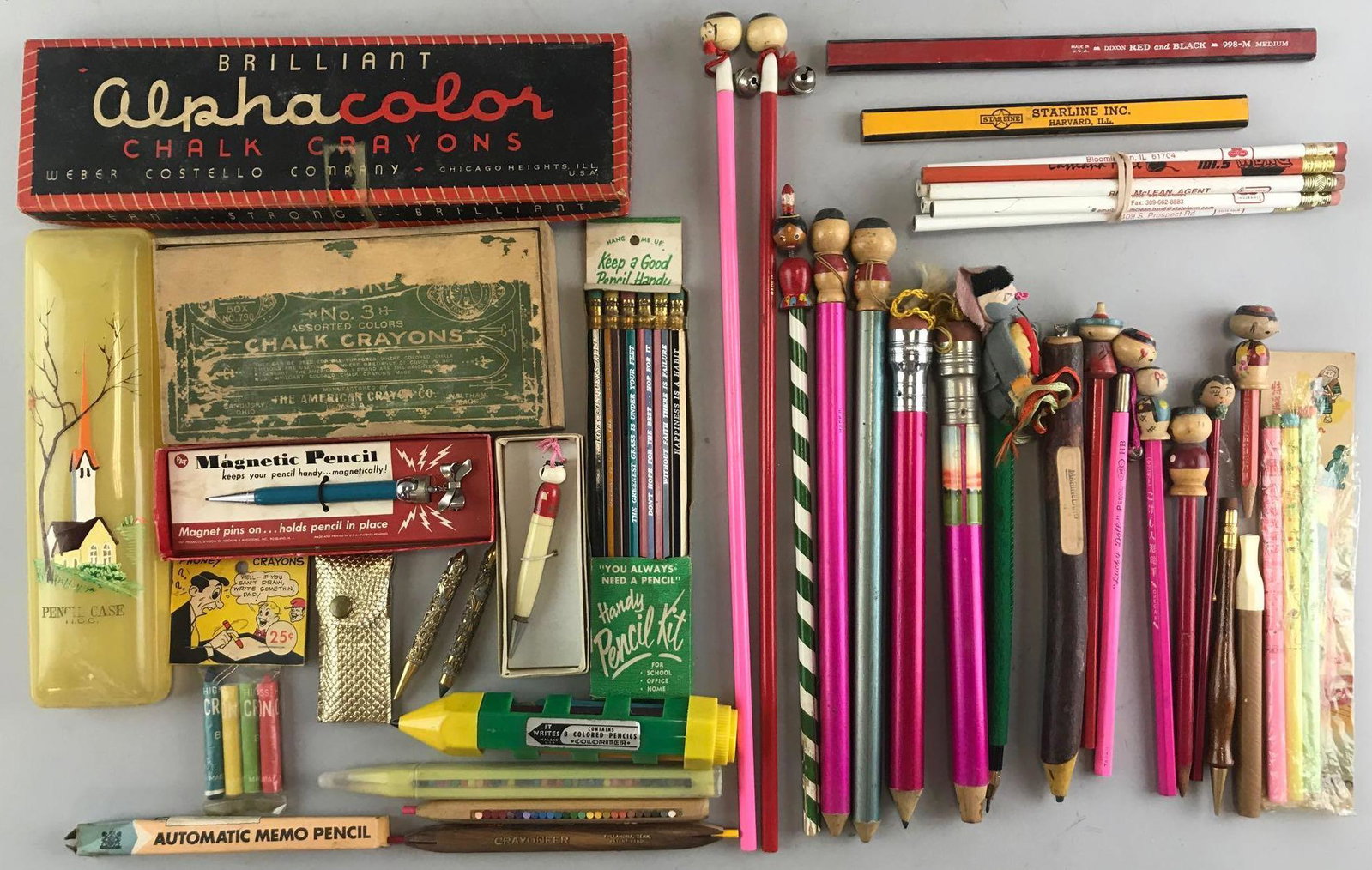 Group of 40+ pieces assorted vintage pencils: Souvenir, advertising, joke/novelty, chalk crayons, and more. Largest is 15.25 inches