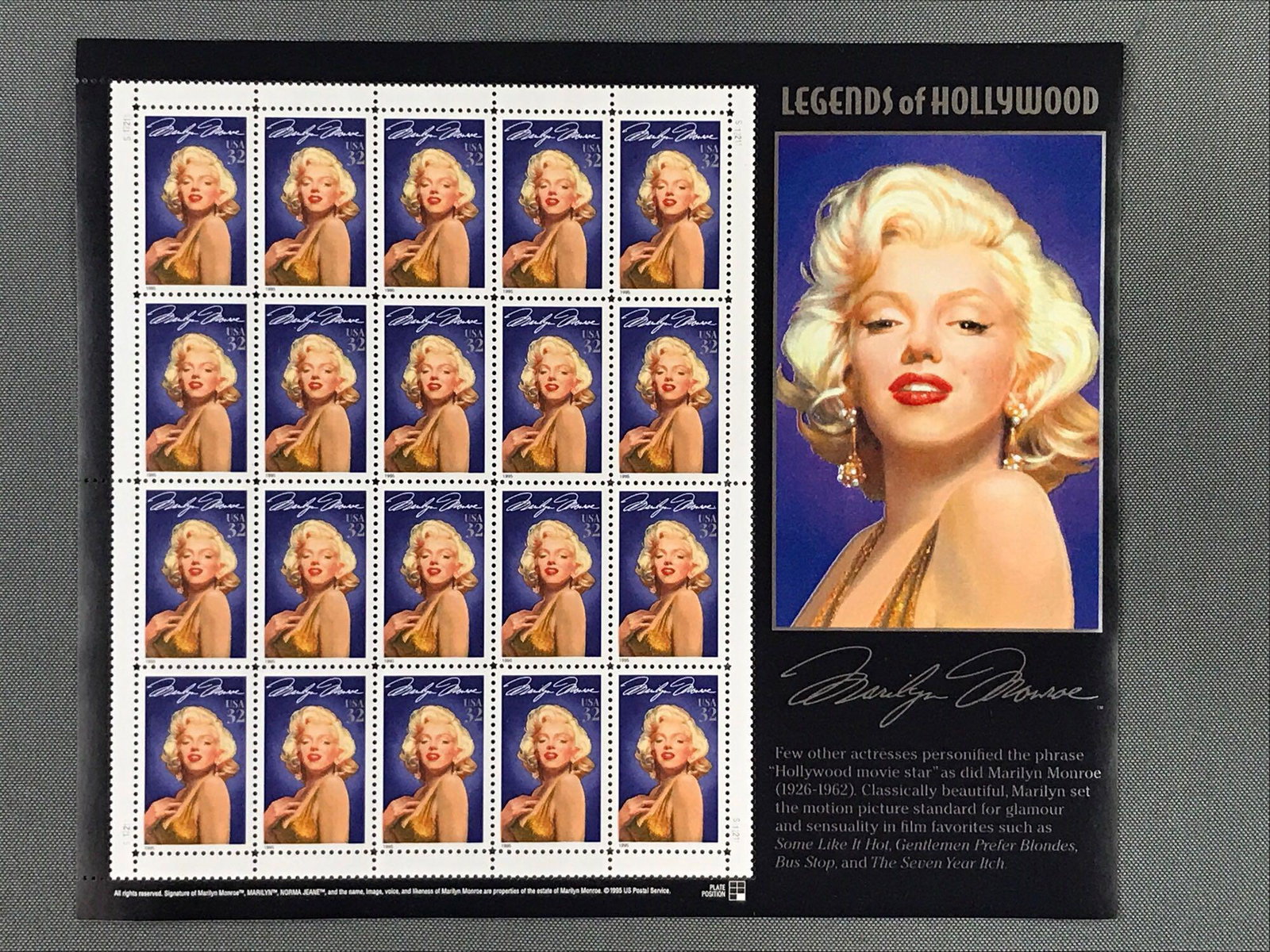 Marilyn Monroe Sheet of Stamps: In original envelope, Legends of Hollywood.