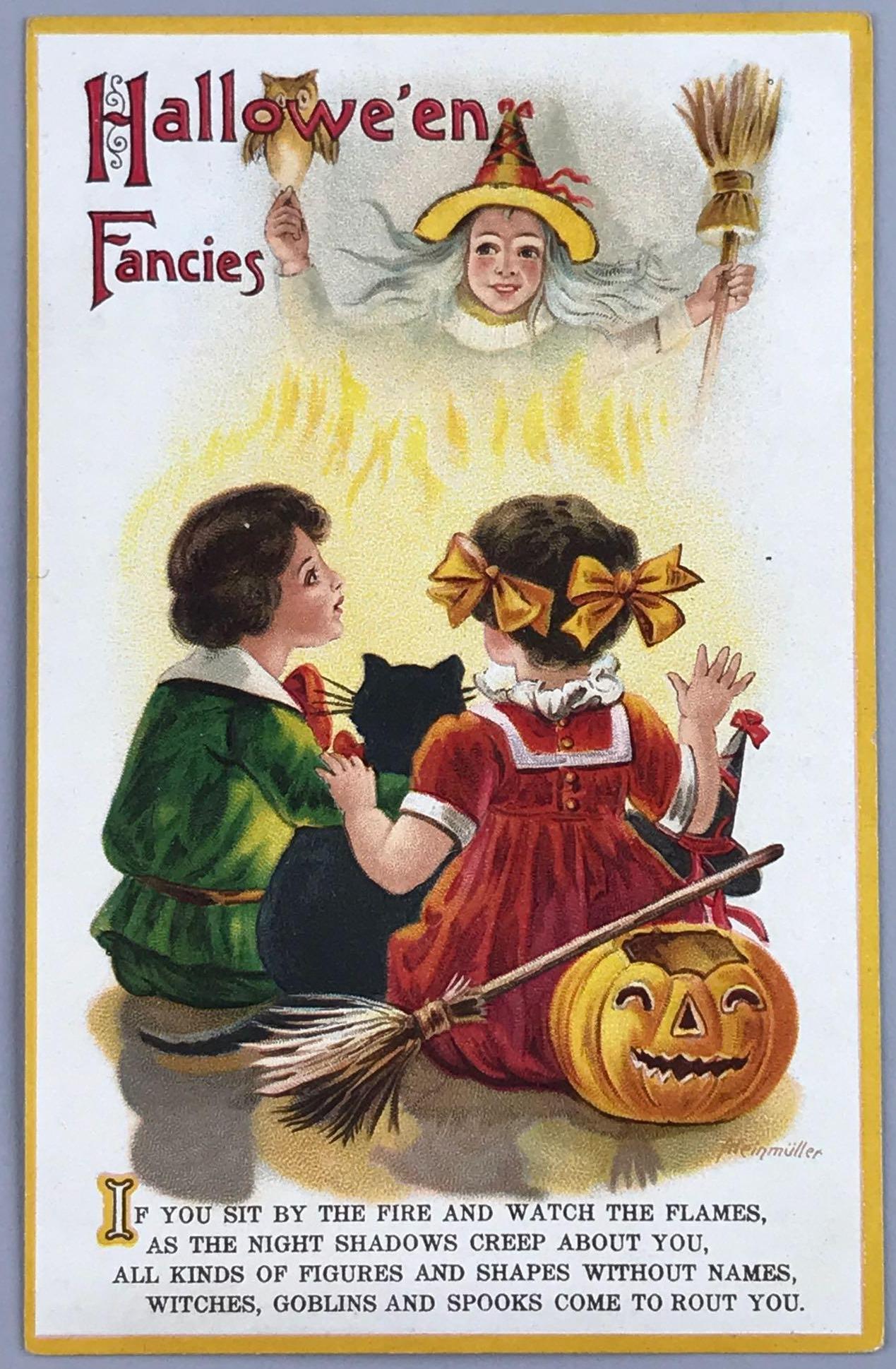 Postcard - Halloween International Art Heinmuller: Series No. 1002; embossed, written on, Jack-O-Lantern, black cat, witch, goblin, spoon.