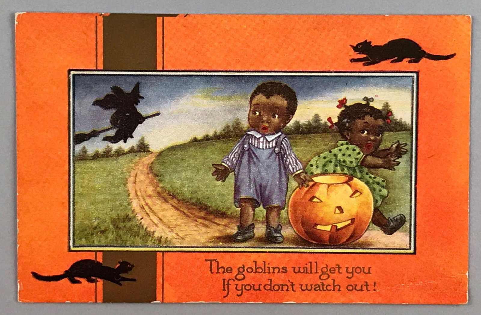 Postcards - Halloween Black Americana: Embossed, written on and postmarked October 1917. Witches, black cat, Jack-O-Lantern.