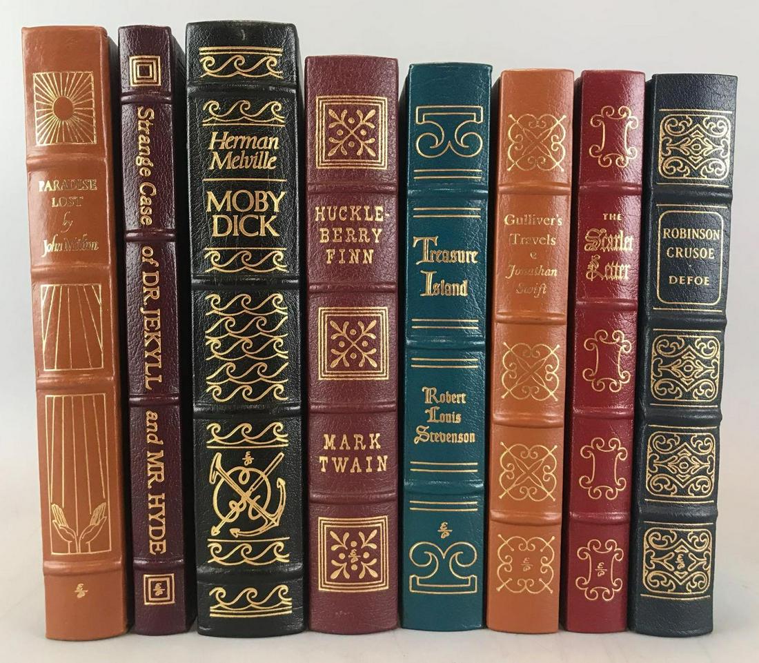 Group of 8 100 Greatest Easton Press Books: Paradise Lost, Moby Dick, Scarlet Letter, Treasure Island and more. Leather stamped in gilt with gilt edges.&