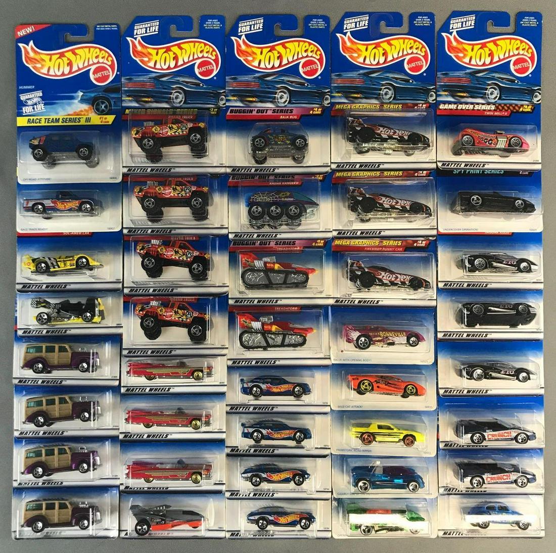 Group of 40 assorted Hot Wheels die-cast vehicles: Includes Sugar Rush 95 Camaro, Race Team Series IV 63 Corvette, Flyin Aces XT-3, and more