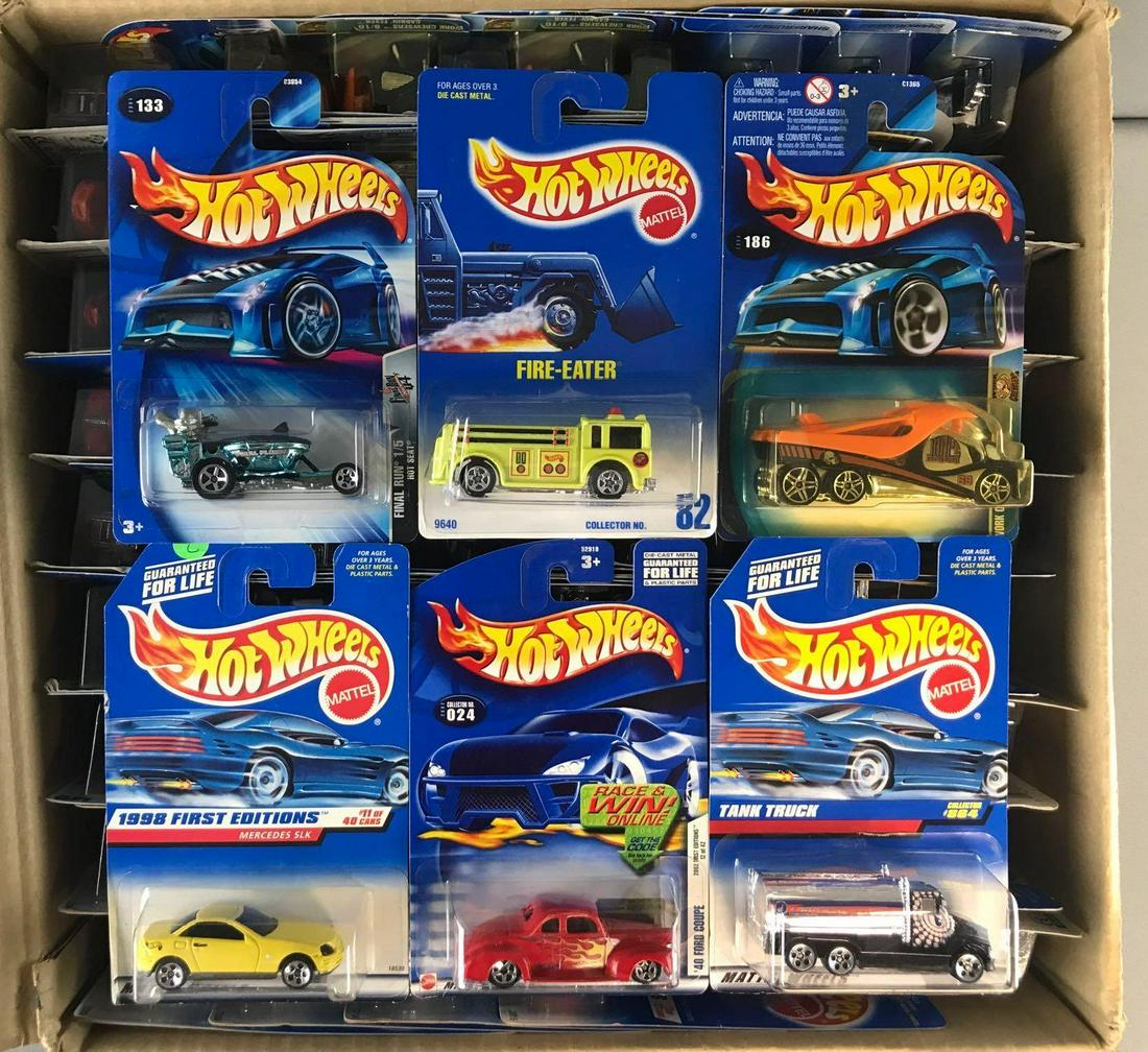 Full shipping box of assorted Hot Wheels die-cast: 81 pieces including No. 24 40 Ford Coupe, Final Run Hot Seat, Work Cruisers Cabbin Fever, and more